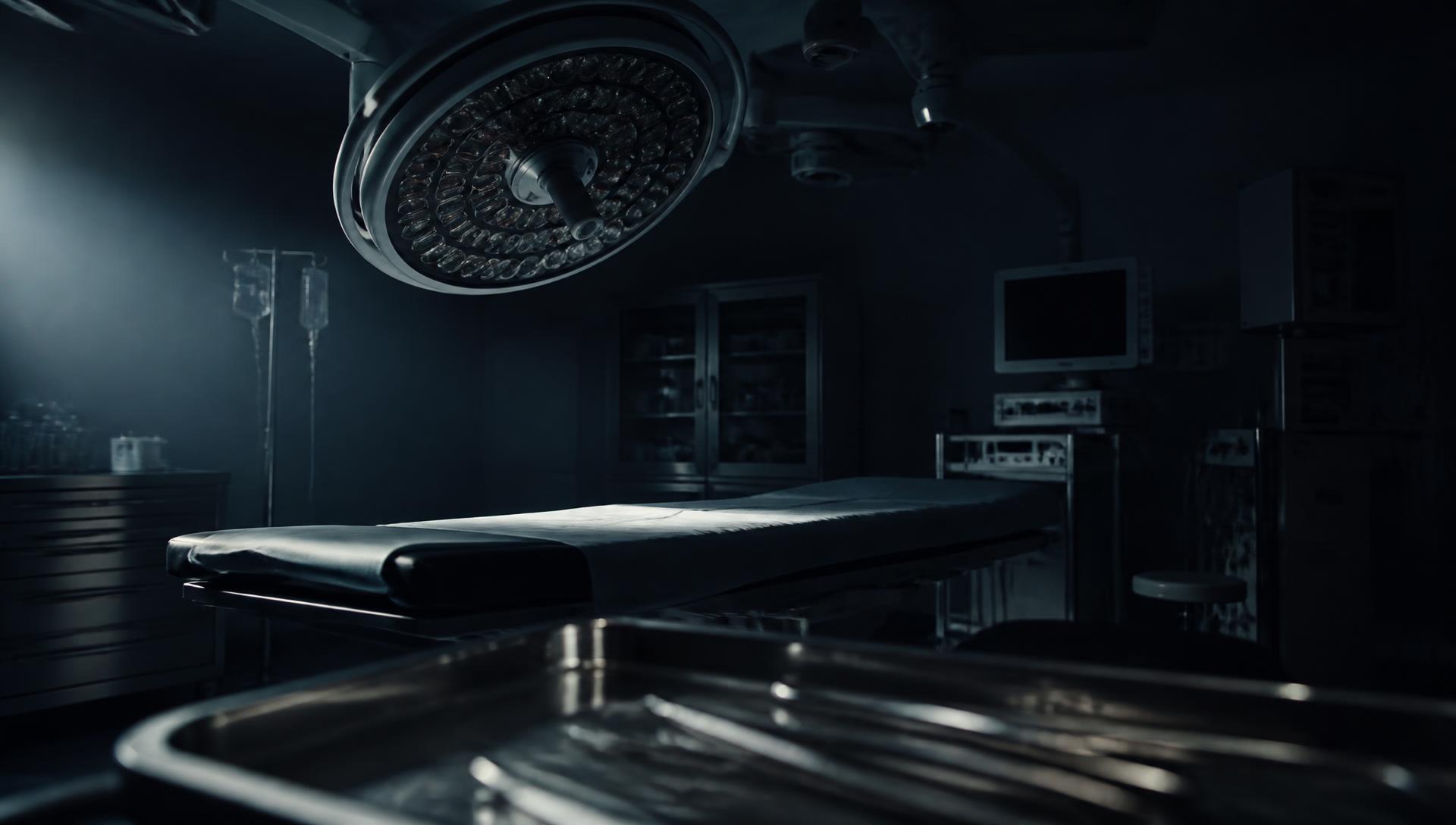 Operating room at rest with surgical lights and instrument tray